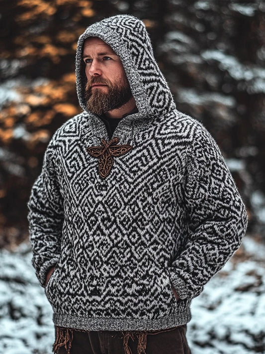 Men's Viking Inspired Celtic Jacquard Cozy Hooded Sweater artswardrobe