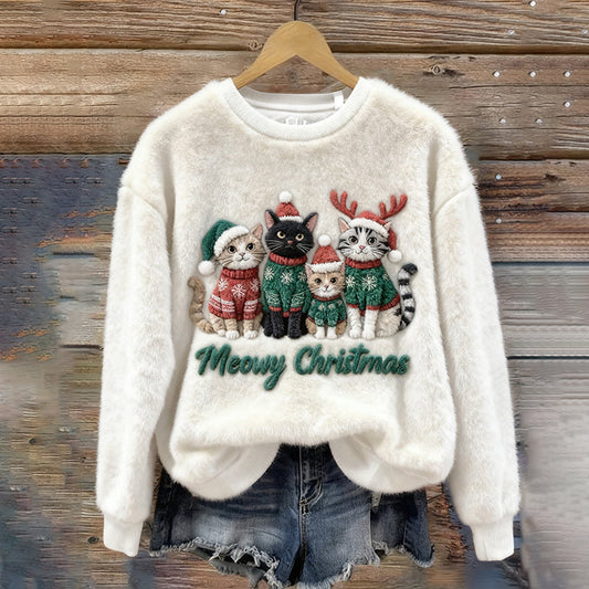 Comstylish Christmas Cat Family Plush Pattern Sweater
