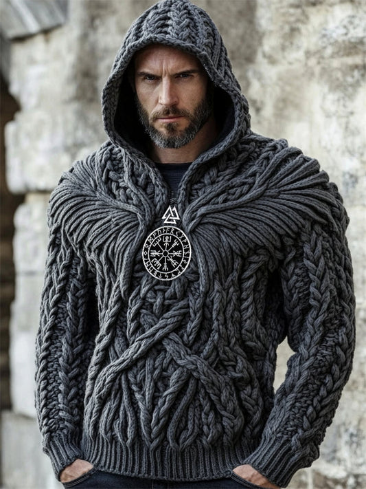 Men's Viking Vegvisir Evil Wings Celtic Chunky Hooded Sweater artswardrobe