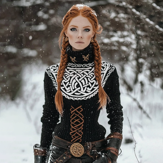 Women's Viking Style Celtic Knot Line Type Knitted High Neck Sweater elevenforest