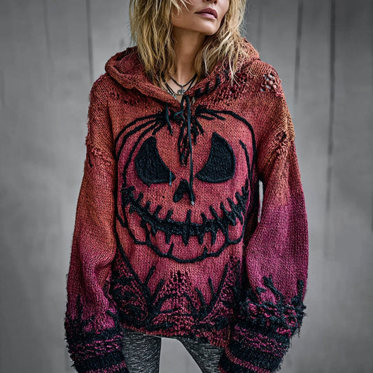 Halloween Pumpkin Face Chunky Crochet Hooded Sweater elevenforest
