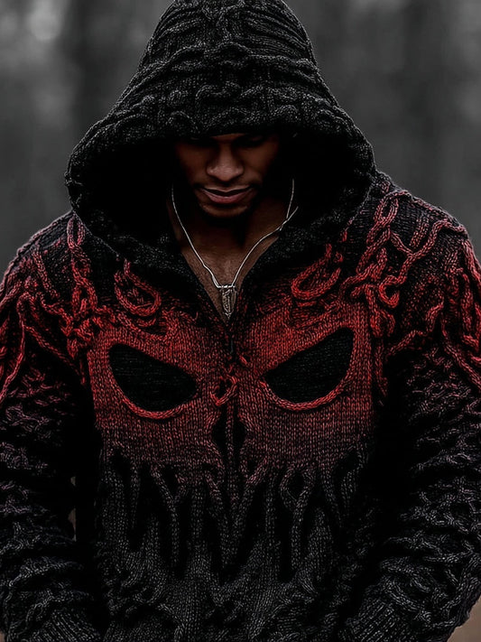 Men's Vintage Spooky Face Gradient Chunky Hooded Sweater elevenforest