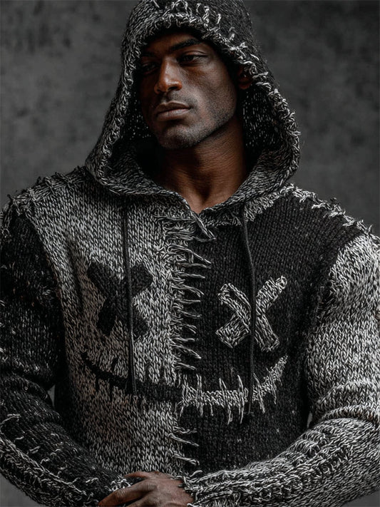 Men's Halloween Spooky Face Contrast Stitched Hooded Knit Sweater elevenforest