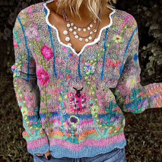 Vintage Floral Print Knitted Cozy Sweater elevenforest