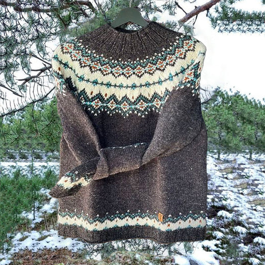 Vintage Gray Icelandic Knit Jacquard Warmth Crew Neck Sweater Unisex elevenforest