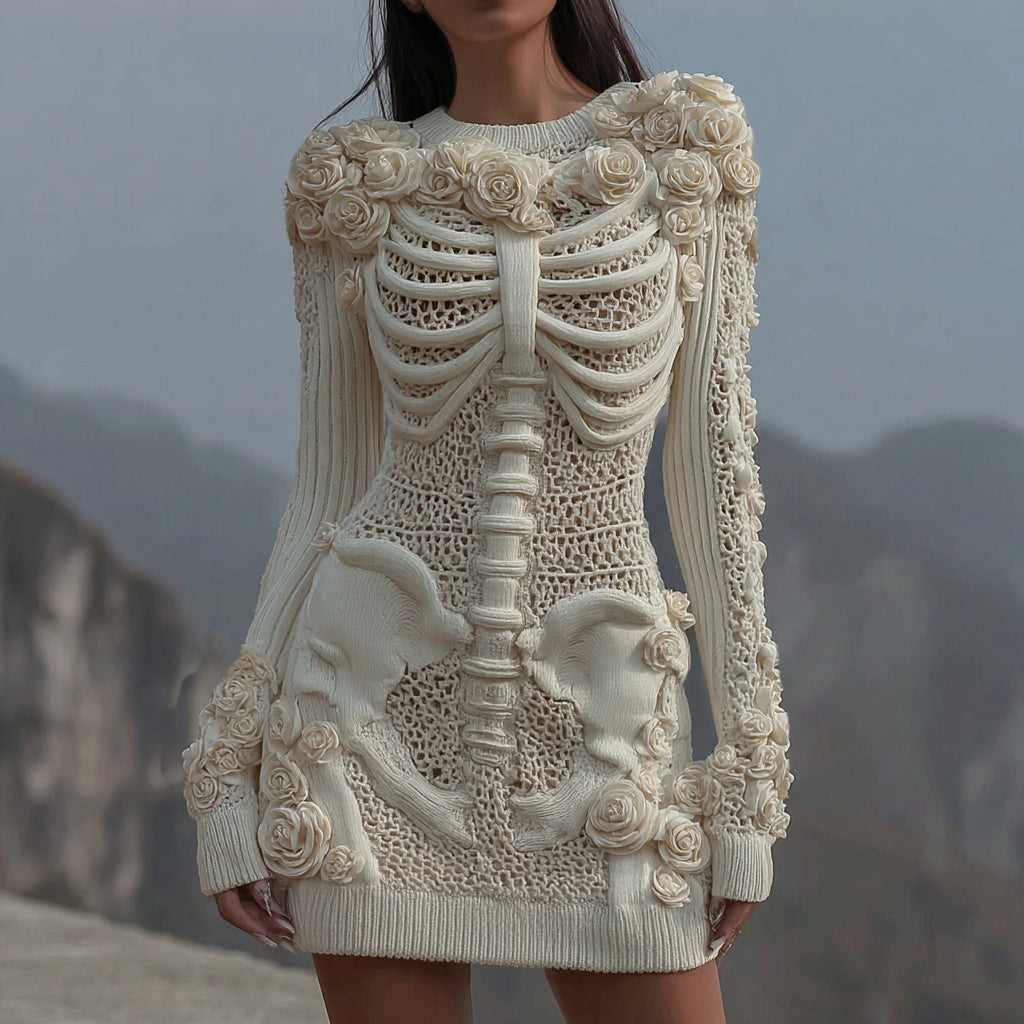Comstylish Women's Vintage White Rose Skull Cozy Knit Mini Sweater Dress