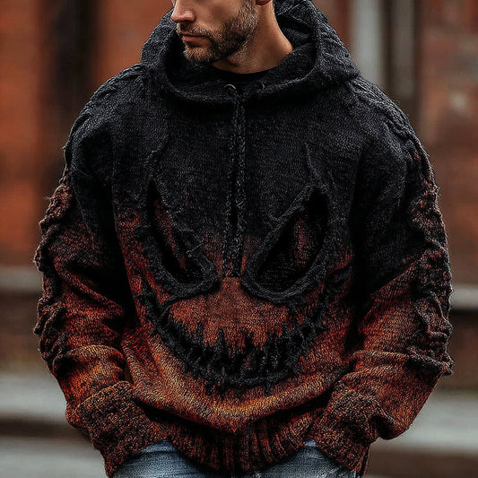 Men's Halloween Spooky Face Gradient Inspired Knitted Distressed Hooded Sweater elevenforest