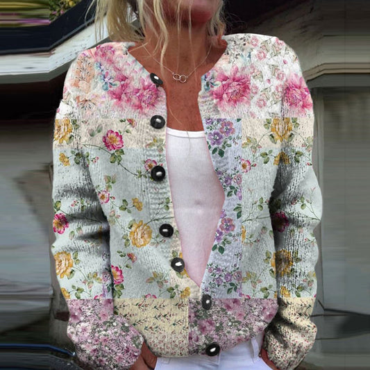 Tribal Lovely Floral Art Print Knit Button Sweater elevenforest