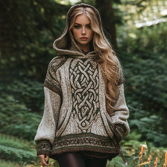 Women's Irish Celtic Knotted Jacquard Pocket Hooded Sweater elevenforest