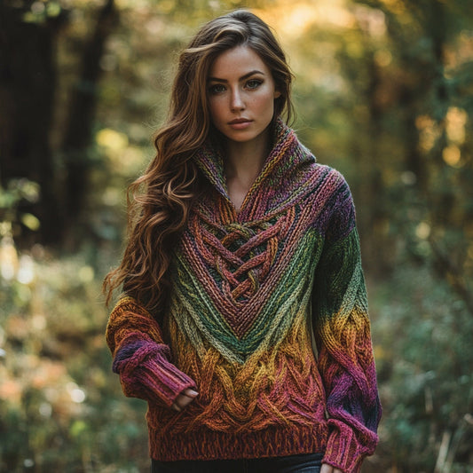 Women's Celtic Knotted Color Jacquard Hooded Sweater elevenforest
