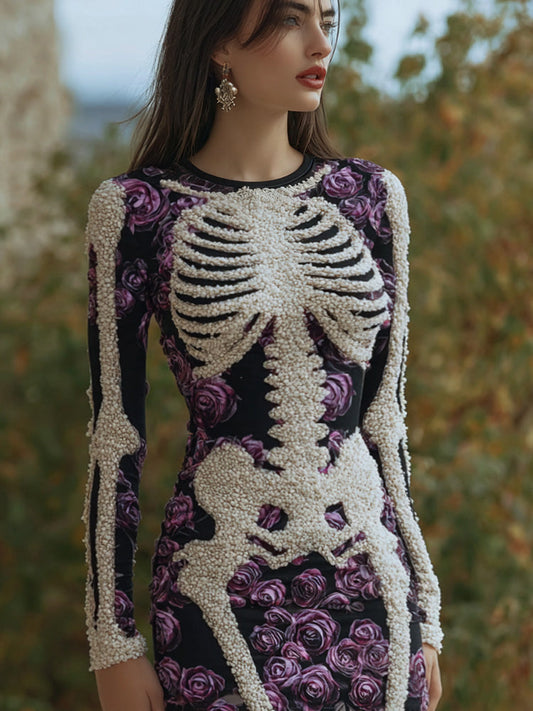 Comstylish Women's Vintage Halloween Skeleton Bones With Rose Art Cozy Knit Mini Sweater Dress