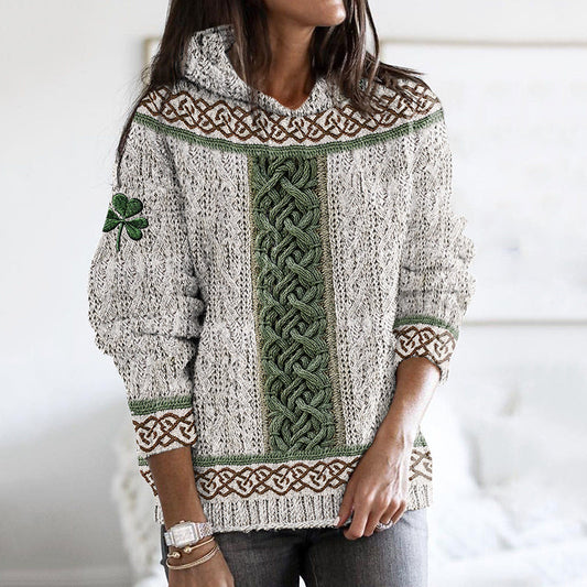 Women's Irish Celtic Knotted Shamrock Contrast Jacquard Sweater elevenforest