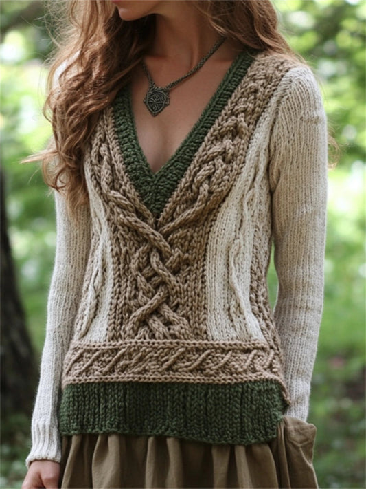 Classic Celtic Chunky Contrast Color V Neck Cozy Sweater elevenforest