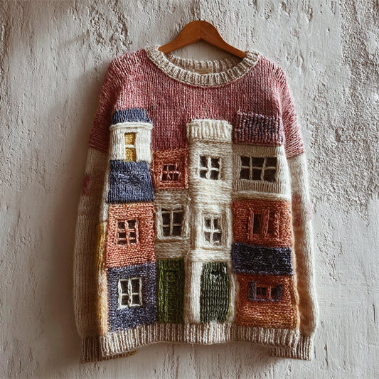 Vintage Cottagecore Buildings Colorblock Crochet Cozy Knit Sweater elevenforest