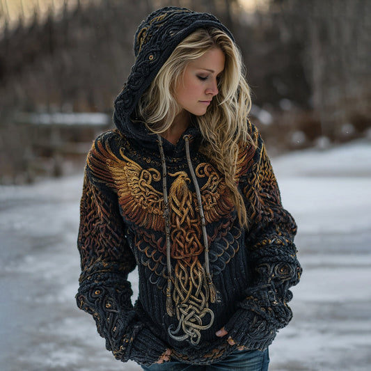 Women's Celtic Knot Myth Phoenix Embroidered Ombre Hooded Sweater elevenforest