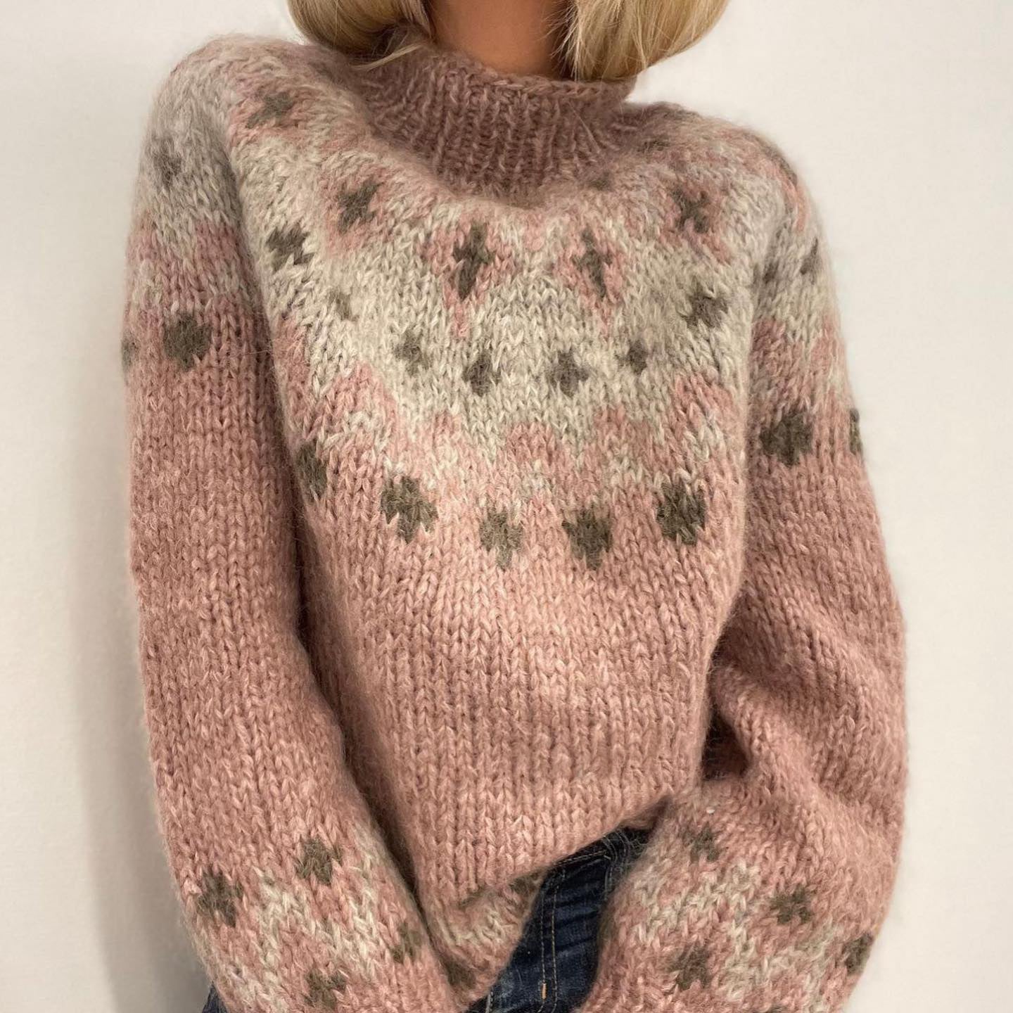 Icelandic Cross Contrast Geometric Jacquard Turtleneck Sweater elevenforest