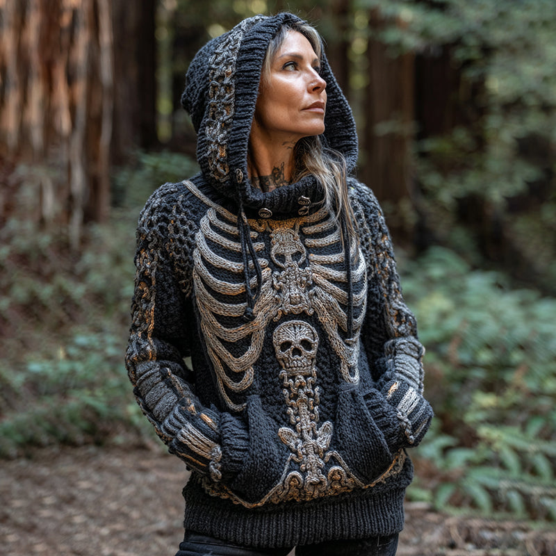 Women's Retro Halloween Contrast Skull Cozy Knit Hooded Sweater elevenforest