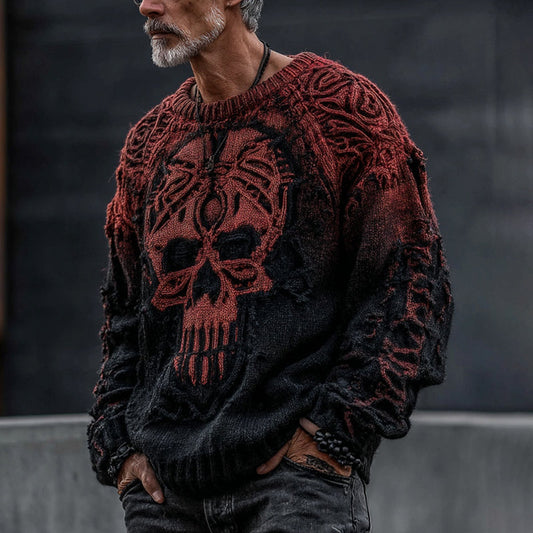 Men's Halloween Skull Gradient Cozy Knit Pullover Sweater elevenforest