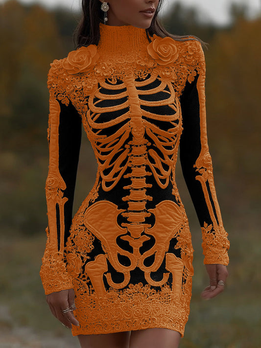 Comstylish Comstylish Women's Halloween Skeleton Bones With Rose Art Cozy Knit Turtleneck Mini Sweater Dress