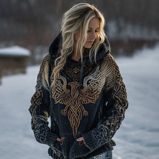 Women's Celtic Knot Myth Phoenix Embroidered Ombre Hooded Sweater artswardrobe