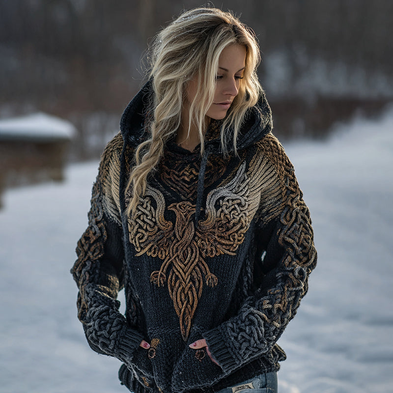 Women's Celtic Knot Myth Phoenix Embroidered Ombre Hooded Sweater elevenforest