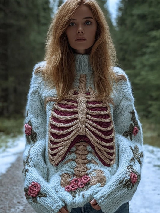 Comstylish Female Anatomy Art And Flower Vintage Coarse Needle High Collar Sweater