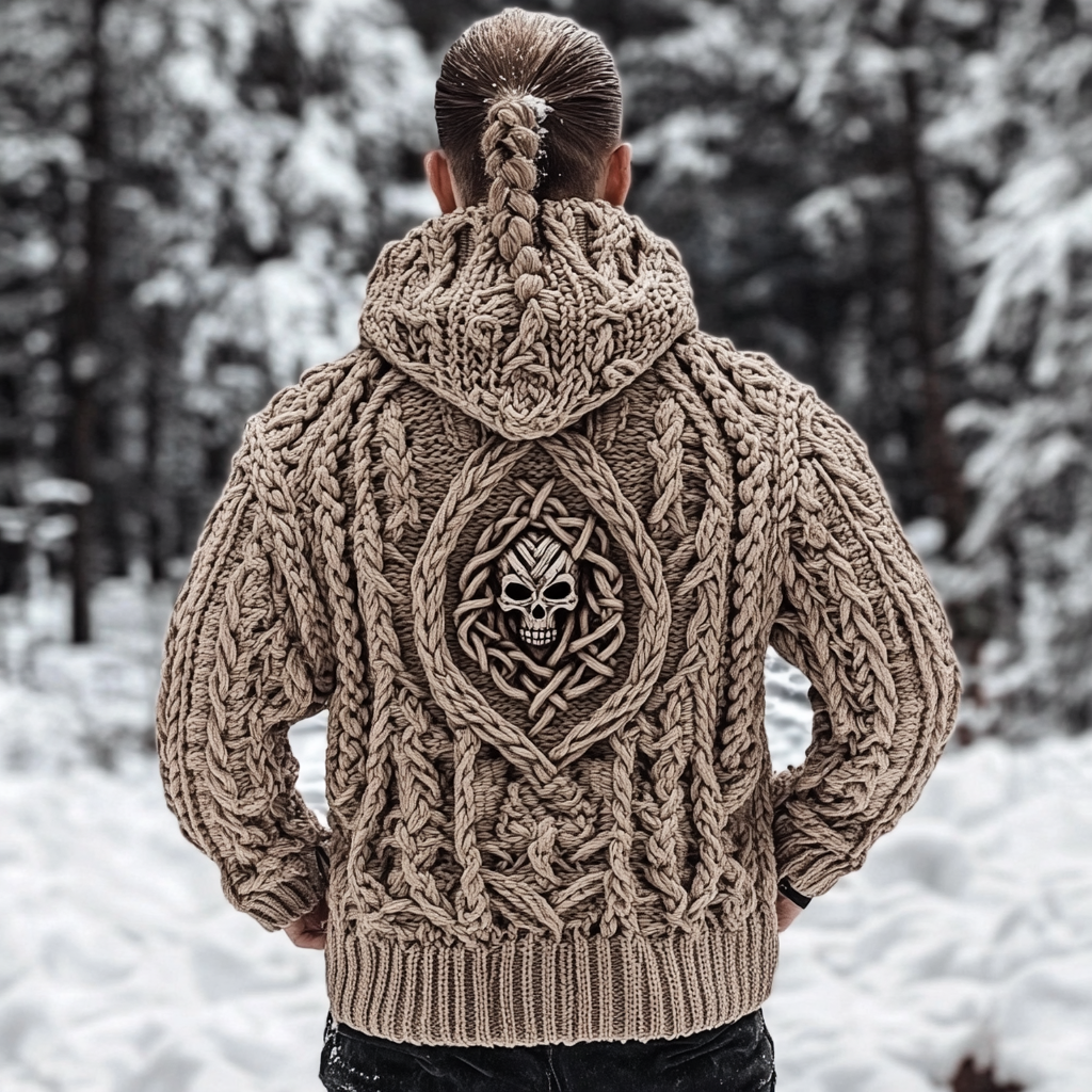 Men's Viking Skull Jacquard Celtic Style Knitted Hooded Sweater artswardrobe