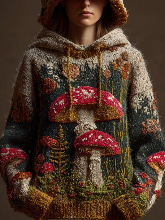 Comstylish Women's Retro Mushroom Print Hoodie Sweater
