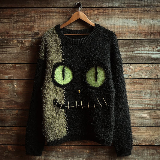 Halloween Fuzzy Black Cat Inspired Contrast Cozy Knit Sweater elevenforest