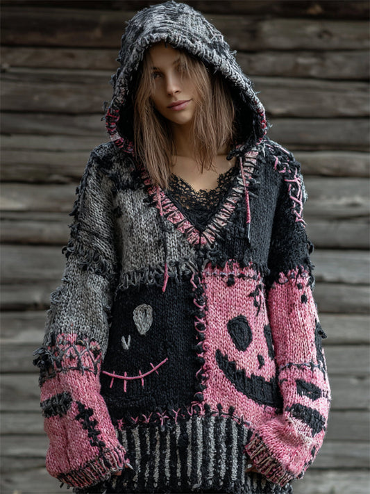 Halloween Spooky Faces Contrast Stitched Knit Hooded Sweater elevenforest