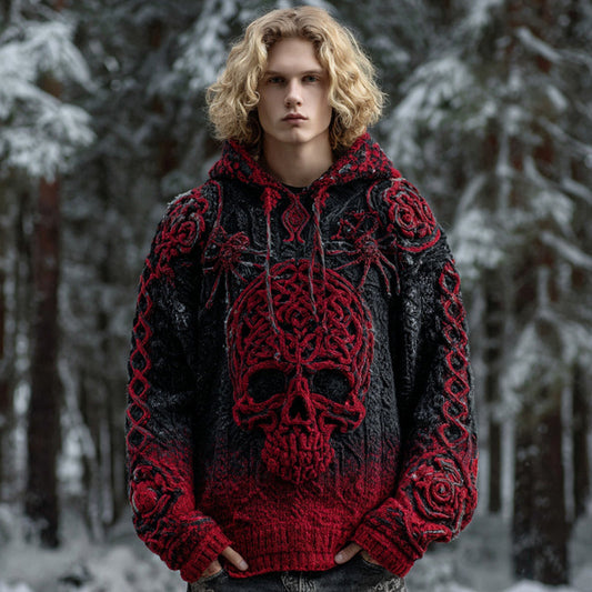 Men's Halloween Skull Celtic Gradient Cozy Knit Hooded Sweater elevenforest