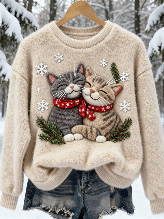 Comstylish Christmas Winter Cute Cat Women's Soft Plush Sweater