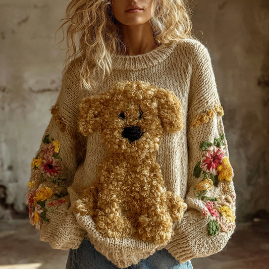 Vintage Toy Poodle With Floral Felt Art Inspired Embroidered Cozy Knit Sweater elevenforest
