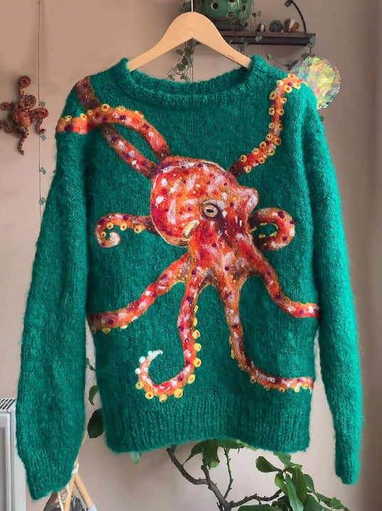 Women's Felt Octopus Pattern Cozy Knit Sweater artswardrobe