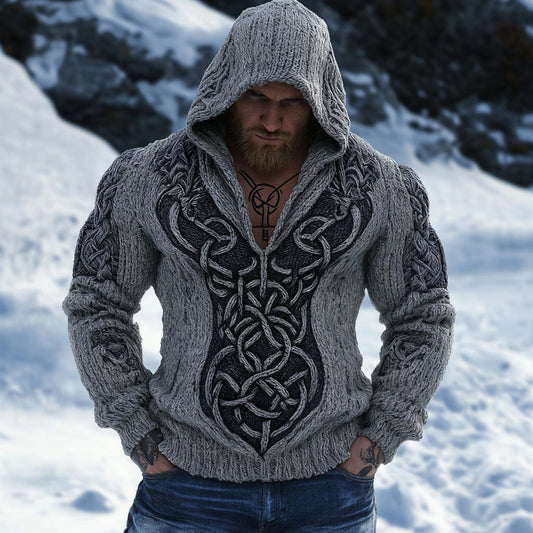 Retro Viking Celtic Jacquard Chunky Hooded Sweater elevenforest