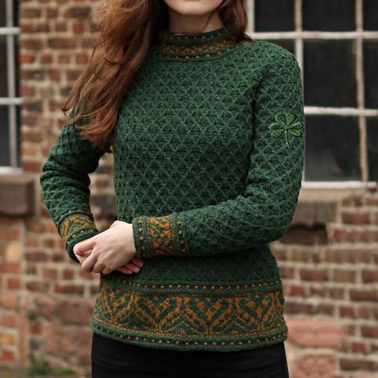 Women's Irish Celtic Knotted Trefoil Jacquard Turtleneck Sweater elevenforest