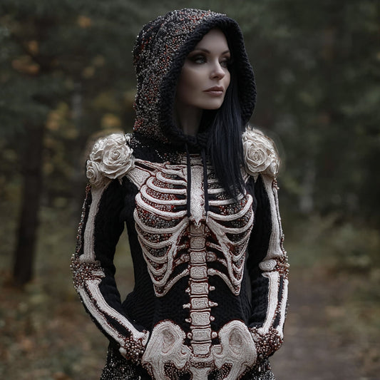 Comstylish Women Halloween Human Skeleton Skeleton And Flower Hooded Sweater