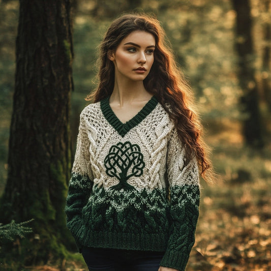 Women's Celtic Knotted Tree Of Life Jacquard V-neck Ombre Sweater elevenforest