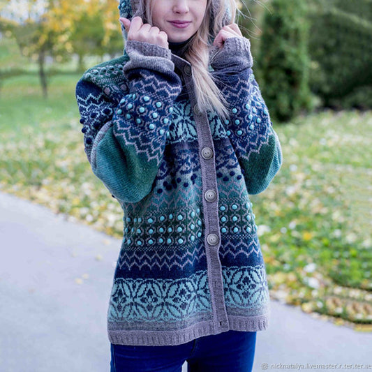 Iceland Snowflake Polka Dot Jacquard Hooded Button Down Sweater elevenforest