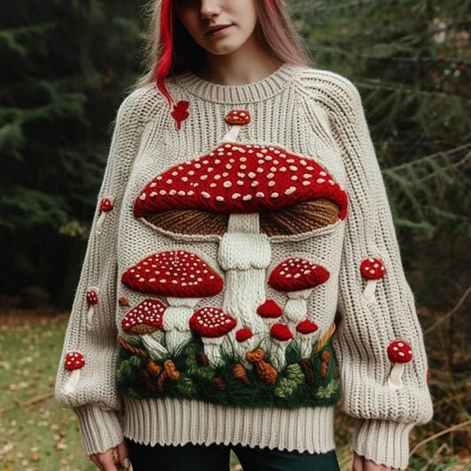Comstylish Vintage Mushroom Art Chunky Knitted Sweater
