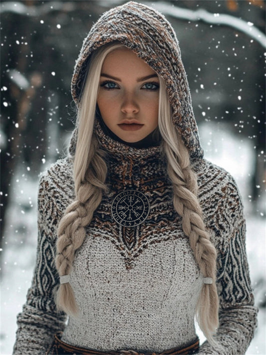 Viking Vegvisir Tribal Contrast Cozy Hooded Sweater artswardrobe
