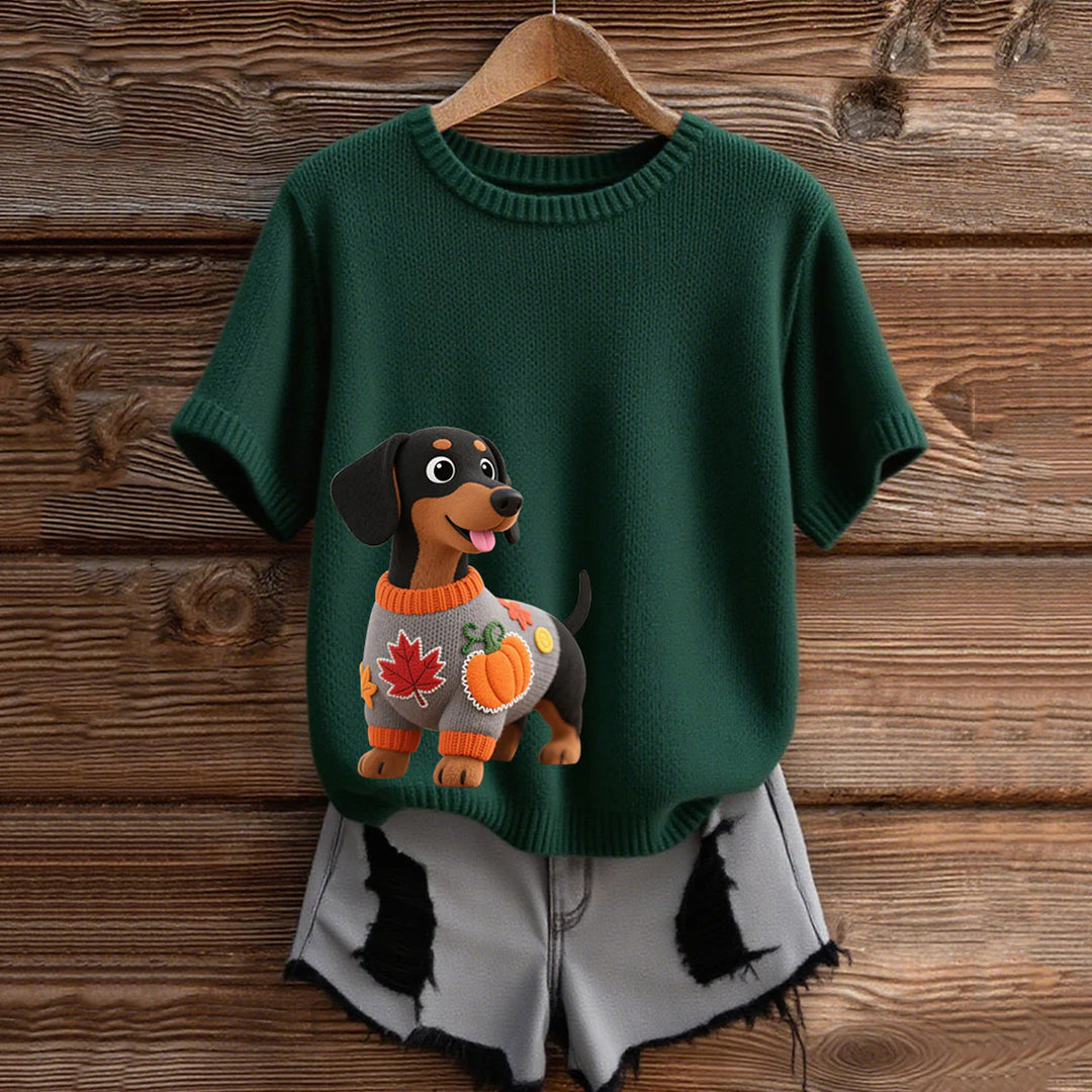 Vintage Dachshund  With Felt In Autumn Inspired Embroidered Short Sleeve Cozy Knit Sweater artswardrobe