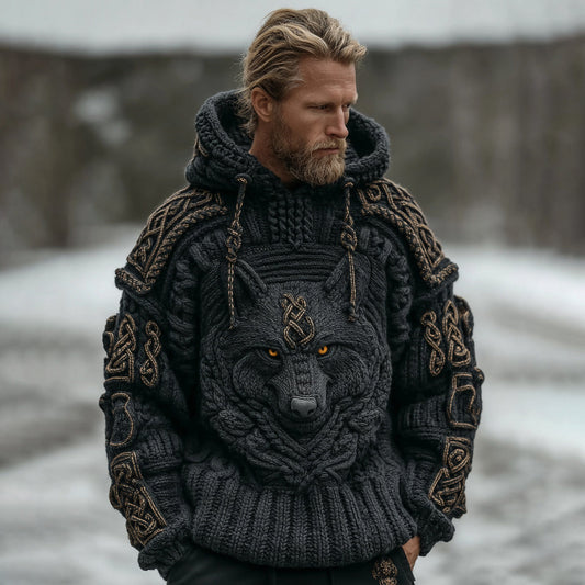 Men's Vintage Viking Wolf Knit Hooded Sweater elevenforest