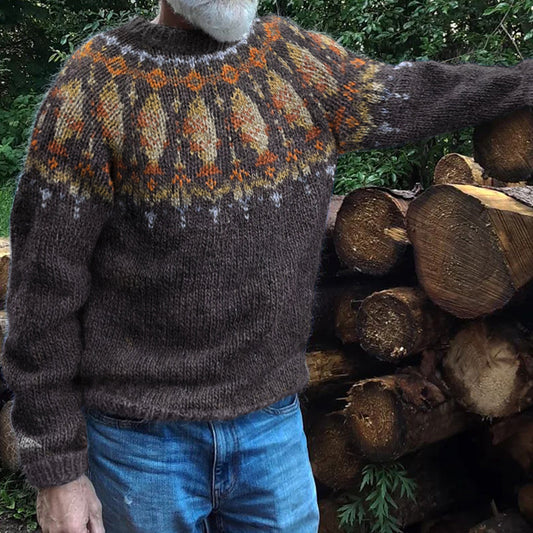 Men's Vintage Halibut Fish Jacquard Iceland Line Crew Neck Sweater elevenforest