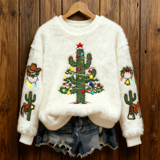 Comstylish Warm Crew Neck Sweater With Cactus And Christmas Tree Pattern