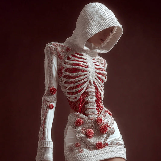 Women's Skeleton Roses Art Cozy Knit Hooded Mini Sweater Dress artswardrobe