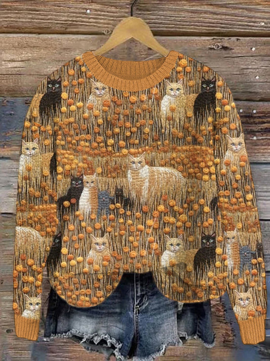 Fall Cats Embroidery Pattern Cozy Knit Sweater artswardrobe