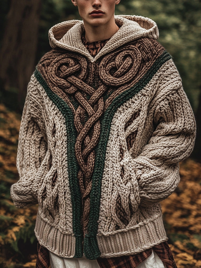 Men's Vintage Irish Celtic Knot Jacquard Mottled Hooded Sweater elevenforest