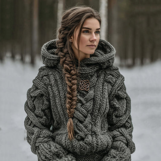 Women's Vintage Celtic Knot Art Knit Aran Hooded Sweater elevenforest