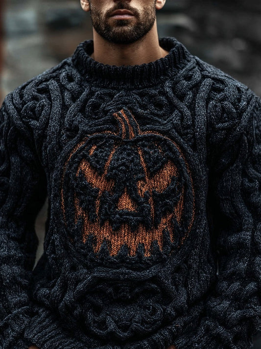 Men's Spooky Pumpkin Face Halloween Chunky Knit Sweater artswardrobe